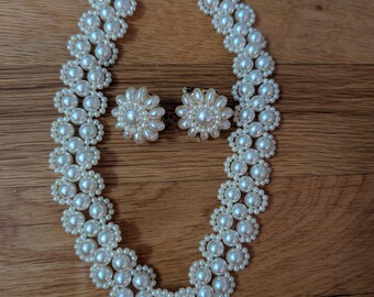 Vtg Faux Pearl Cluster Clip On Earring Coquette Necklace Jewelry Set Bridal