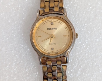 HELBROS Womens 02921D Gold Tone Quartz Analog Link Bracelet Wrist Watch