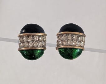 Vtg Gold Tone Black Green Egg Oval Rhinestone Drop Clip On Earrings