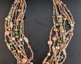 Vtg JOAN RIVERS Gold Tone Brown Orange Multi Strand Beaded Necklace 22"