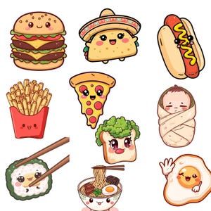 Kawaii Fast Food Clipart Bundle | Cute Burger, Taco, Pizza, Fries, Sushi PNG Stickers | Digital Download for Sublimation & Crafts