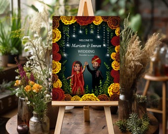 Hand Drawn Cartoon Welcome Sign | Custom Wedding Welcome Sign | Muslim Couple Portrait | South Asian Wedding Decor |  Digital Download