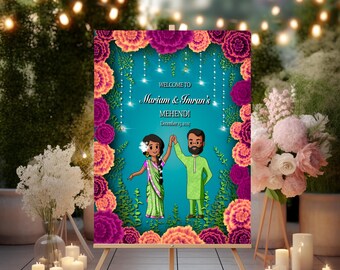 Hand Drawn Cartoon Welcome Sign | Custom Mehendi Welcome Sign | Muslim Couple Portrait | South Asian Wedding Decor |  Digital Download