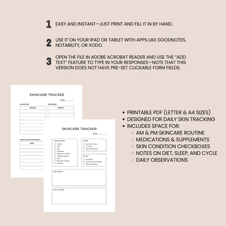 Skincare Tracker Printable PDF – Daily Skin Care Journal, Acne Log ...