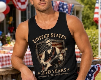 Abraham Lincoln Playing Guitar Men's Tank Top, 250th Anniversary Summer Tee, USA Flag Sleeveless Shirt, 4th of July Tank Top, Gift for Dad