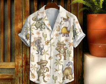 Camicie hawaiane con dinosauri, camicie hawaiane con dinosauri da donna, camicia estiva da spiaggia con dinosauri, camicia da cowboy da uomo