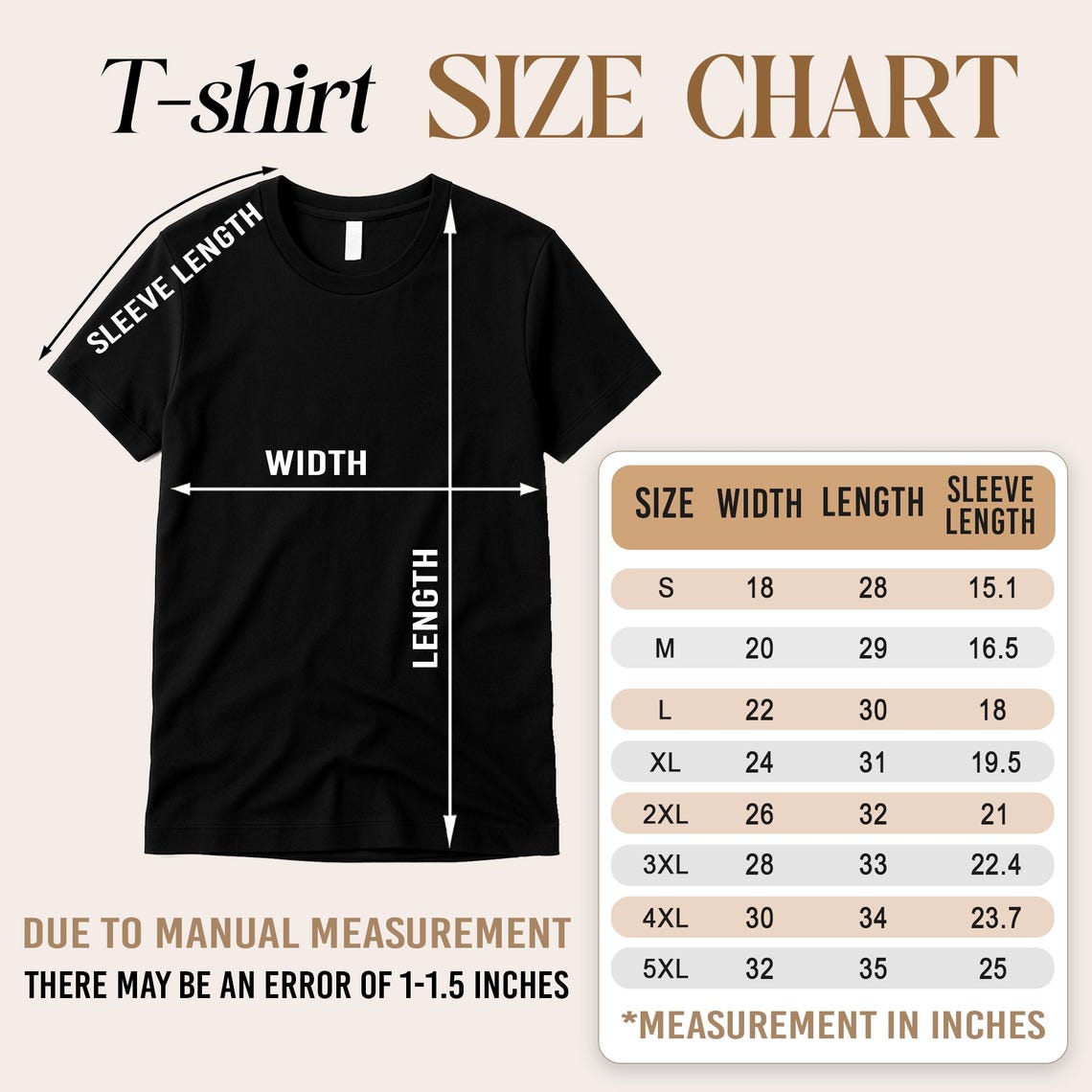 May include: Black t-shirt with a size chart. The chart shows measurements in inches for width, length, and sleeve length, ranging from size S to 5XL. The text on the chart reads "Measurement in inches."