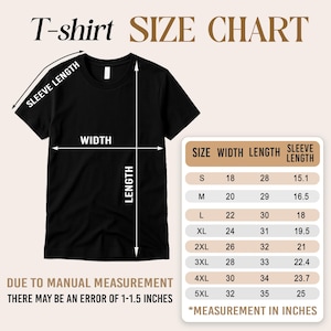 Peut inclure: T-shirt noir avec un tableau des tailles. Le tableau affiche les mesures en pouces pour la largeur, la longueur et la longueur des manches, allant de la taille S &agrave; 5XL. Le texte "T-shirt SIZE CHART" est en haut.