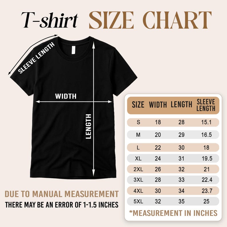 Peut inclure: T-shirt noir avec un tableau des tailles. Le tableau affiche les mesures en pouces pour la largeur, la longueur et la longueur des manches, allant de la taille S &agrave; 5XL. Le texte "T-shirt SIZE CHART" est en haut.