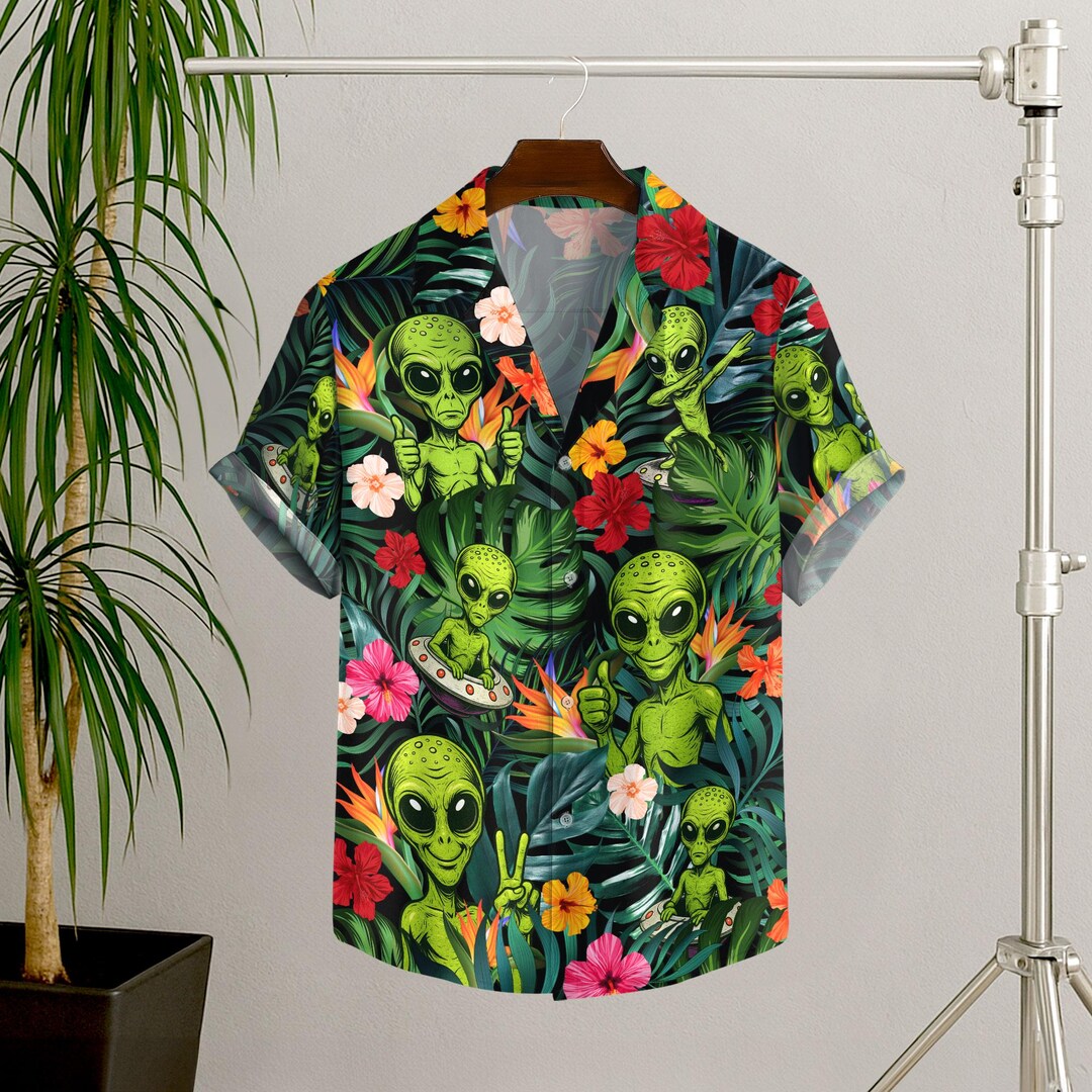 Aliens Hawaiian Shirts for Men Women, Alien UFO Short Sleeve Button ...