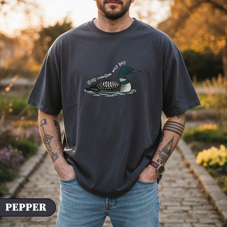 May include: Dark grey t-shirt featuring a loon illustration with the text "STUPID CANADIAN WOLF BIRD". The bird is depicted in water. The shirt has a relaxed fit and is made of a soft material.