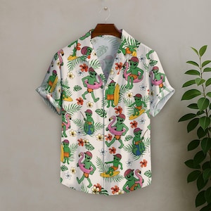 Aliens Hawaiian Shirts for Men Women, Alien UFO Short Sleeve Button Down Shirt Men, Space Lovers Shirt, Alien Lovers Gift