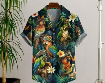 Pirate Hawaii shirt voor mannen vrouwen jeugd, piraten cadeaus voor geliefden, tropische shirts voor mannen, piraten Aloha Hawaiiaans shirt, piraten papegaai shirt
