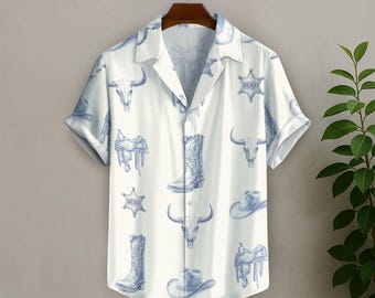 Chemise Cowboy Western Pour Homme - Manches Courtes, Broderie Stylée, Look Décontracté Hippie Ou Country