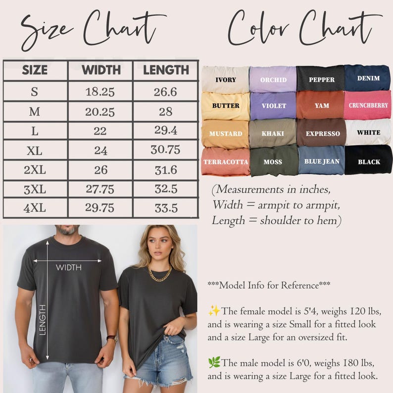 May include: A t-shirt size and colour chart, with measurements in inches. The chart includes sizes S to 4XL, with corresponding width and length measurements. A colour chart displays various t-shirt colours, including Ivory, Orchid, Pepper, and Denim.