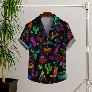 Neon Cowboy Rodeo Hawaii Shirt, Western Cowboy Shirt, Short Sleeve Button Down Shirt, Colorful Cowboy Print Hawaiian Summer Shirt