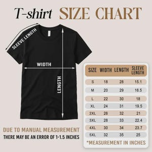 May include: A black t-shirt with white directional arrows indicating sleeve length, width, and length. A size chart table lists sizes S through 5XL with corresponding measurements in inches. Text notes a potential 1-1.5 inch manual measurement error.