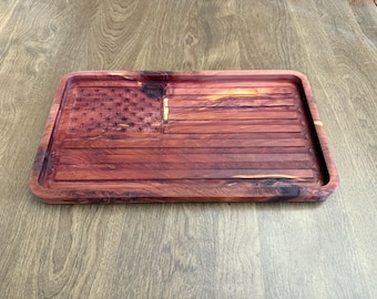 Handmade Cedar American Flag Catch Tray – Nightstand Organizer | Rustic Wood Valet Tray