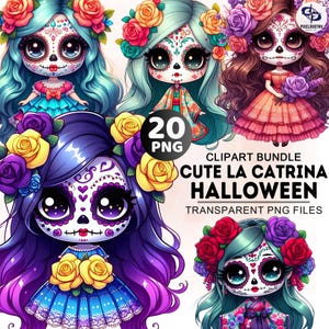 Süße Puppen La Catrina Clipart Bundle, Dia de Muertos Png, Mexikanische Clipart, Tag der Toten Png, Halloween Clipart, 20+ Zuckerschädel Png