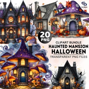 Bundle de cliparts aquarelle maison d'Halloween, manoir hanté Png, clipart maison de sorcière, maison de fée citrouille Png, clipart Halloween, gothique 20+