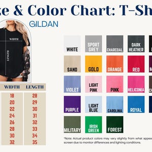 May include: A size and color chart for Gildan T-shirts. The chart includes a size guide in inches, ranging from S to 5XL, and a color palette with options like white, black, and navy. The image also shows a person wearing a black T-shirt.