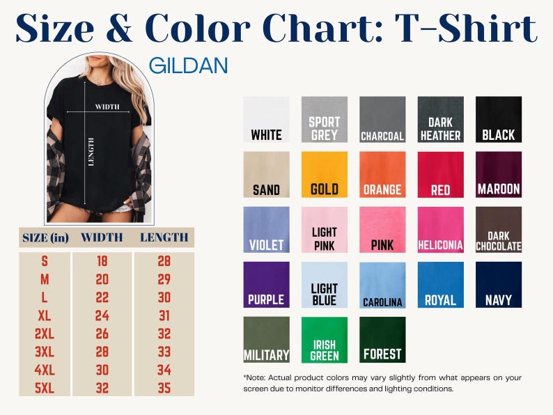 May include: A size and color chart for Gildan T-shirts. The chart includes a size guide in inches, ranging from S to 5XL, and a color palette with options like white, black, and navy. The image also shows a person wearing a black T-shirt.