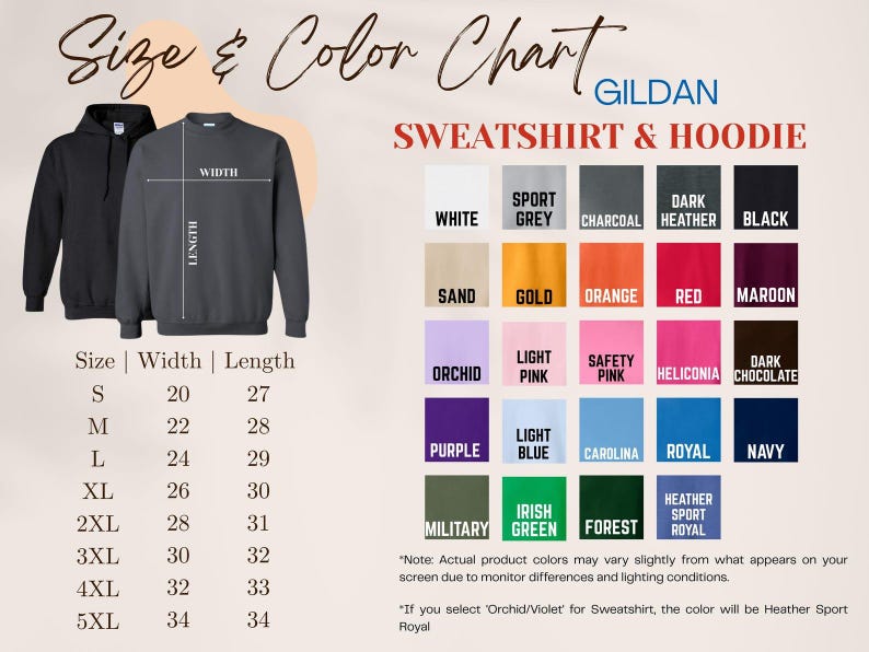 May include: Size and color chart for Gildan sweatshirts and hoodies. Includes a black hoodie and a gray sweatshirt with width and length measurements in inches. Color options include white, black, and various shades of gray, pink, and blue.