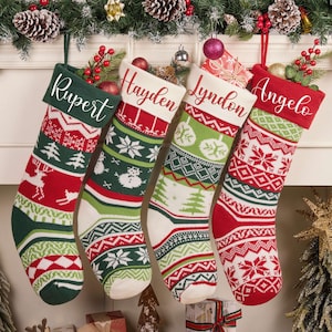 Personalized Knitted Christmas Stocking, Embroidered Family Name