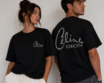 T- shirt Céline Dion noir  – flex paillette + Strass argentés – Cadeau fan – Concert Paris 2026