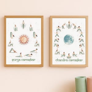 Yoga sun and moon salutations artwork, Yoga Art, Yoga Poses Poster, Moon Salutation, Sun Salutation, Yoga Wall Art Sequence