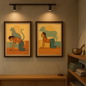 Conjunto de dos posturas de yoga de animales, posturas de yoga inspiradas en animales, gato y vaca, arte mural de yoga, arte de yoga para estudio