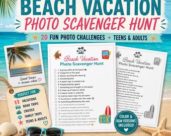 Caça ao Tesouro Fotográfica na Praia | Jogo de Férias para Adolescentes e Adultos | Atividade de Viagem para Imprimir