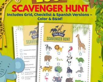 Zoo Scavenger Hunt for Kids: Printable Animal Game (Color & B/W, Spanish Included) (Digital Download