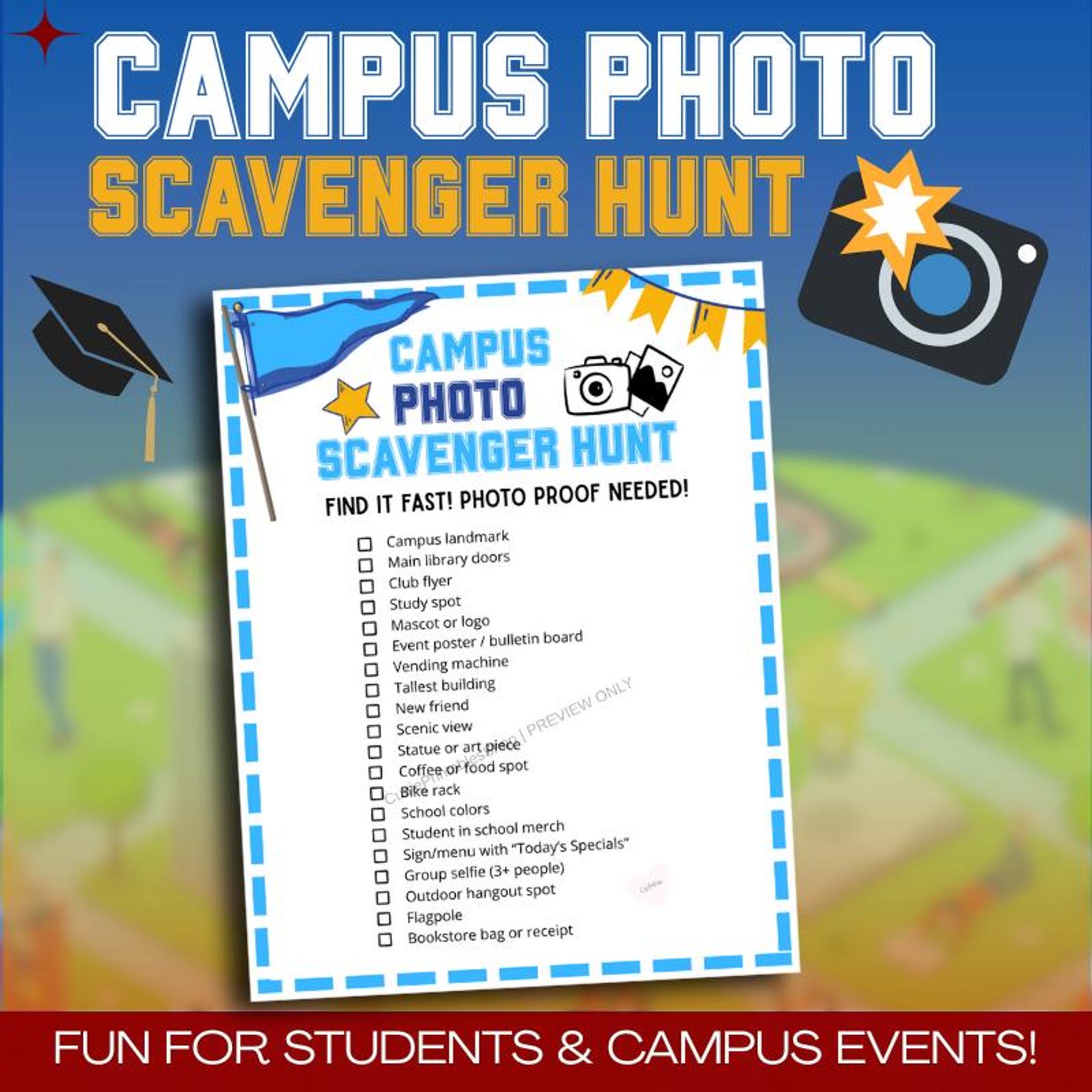 Campus Scavenger Hunt Game | Printable Photo Challenge for College Orientation, Dorm &amp; Club ...