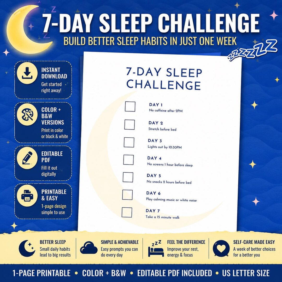 7-day Sleep Challenge Printable | Editable PDF Habit Tracker | Sleep ...