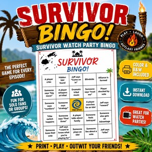 Puede incluir: Un tablero de juego de Bingo de Supervivientes con un tema tropical. El juego incluye una tarjeta de bingo con frases como "Ídolo oculto encontrado" y "Blindside". El diseño presenta un letrero de madera, palmeras y el texto "Survivor Bingo!" con texto adicional: "¡Imprime, juega, burla a tus amigos!"