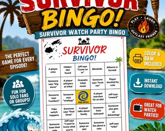 Cartelas de Bingo de Survivor | Jogo para Imprimir para Fãs Assistirem à Série em Festa