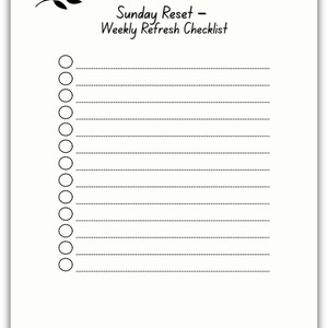 Sunday Reset Weekly Blank Checklist page with leaf graphic