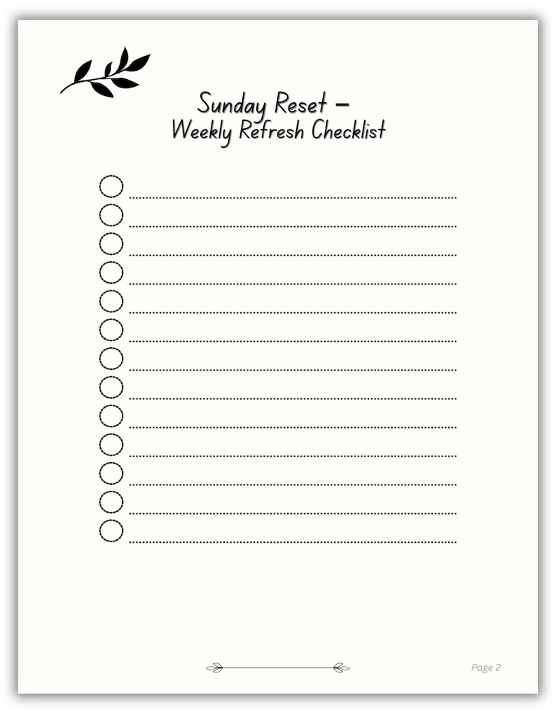 Sunday Reset Weekly Blank Checklist page with leaf graphic
