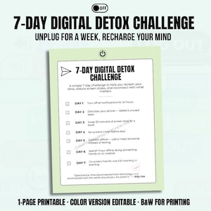 7-dniowe wyzwanie detoksu cyfrowego • Detoks technologiczny i reset czasu spędzanego przed ekranem • Arkusz samoopieki do druku i edycji w formacie PDF