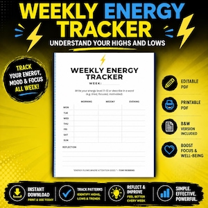 May include: A yellow and black graphic with the text "WEEKLY ENERGY TRACKER" and "UNDERSTAND YOUR HIGHS AND LOWS." The image includes a printable PDF, B&W version, and the ability to boost focus and well-being. It also says "TRACK YOUR ENERGY, MOOD & FOCUS ALL WEEK!"
