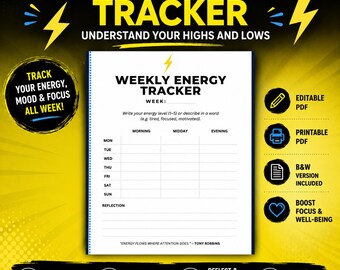 Weekly Energy Tracker Printable | Editable PDF Mood & Energy Log | Reflection Worksheet