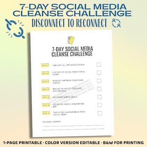 7-dniowe wyzwanie detoksu od mediów społecznościowych: Cyfrowy plan oczyszczania i resetu czasu spędzanego przed ekranem do wydrukowania | Edytowalny plik PDF