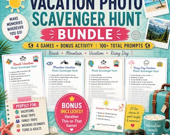 Pacote completo de caça ao tesouro fotográfica de férias | 4 jogos de viagem + atividade bônus