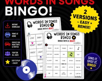 Words in Songs Bingo Game | Music Lyrics Party Game | Easy + Remix Editions PDF