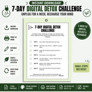 May include: A digital 7-day detox challenge printable. The green and white design includes a checklist with daily tasks to reduce screen time and recharge your mind. Includes a color and B&W version, US Letter size, and is an editable PDF.