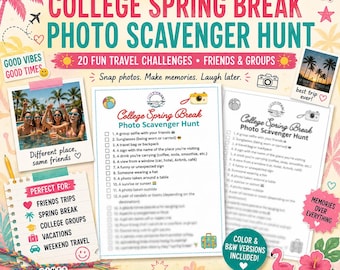 Caça ao Tesouro Fotográfica nas Férias de Primavera da Faculdade | Jogo para Viagem em Grupo (PDF para Imprimir)