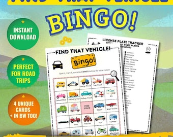 Jogo de Bingo de Veículos para Imprimir para Crianças | Atividade de Viagem em Família + Bônus: Rastreador de Placas de Veículos em PDF