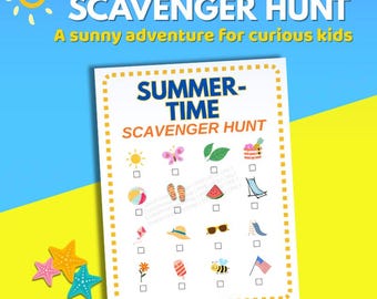 May include: A printable summer-themed scavenger hunt checklist with colorful illustrations of summer items like a sun, butterfly, and watermelon. The text reads "SUMMER-TIME SCAVENGER HUNT" and "A sunny adventure for curious kids."