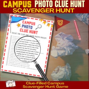 College Kindergarten Schnitzeljagd: Foto Hinweisspiel (druckbare PDF-Download)